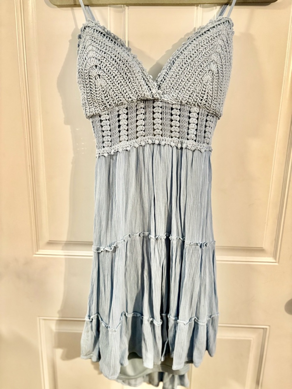 Light Blue Backless Crochet Sundress with Spaghetti Straps